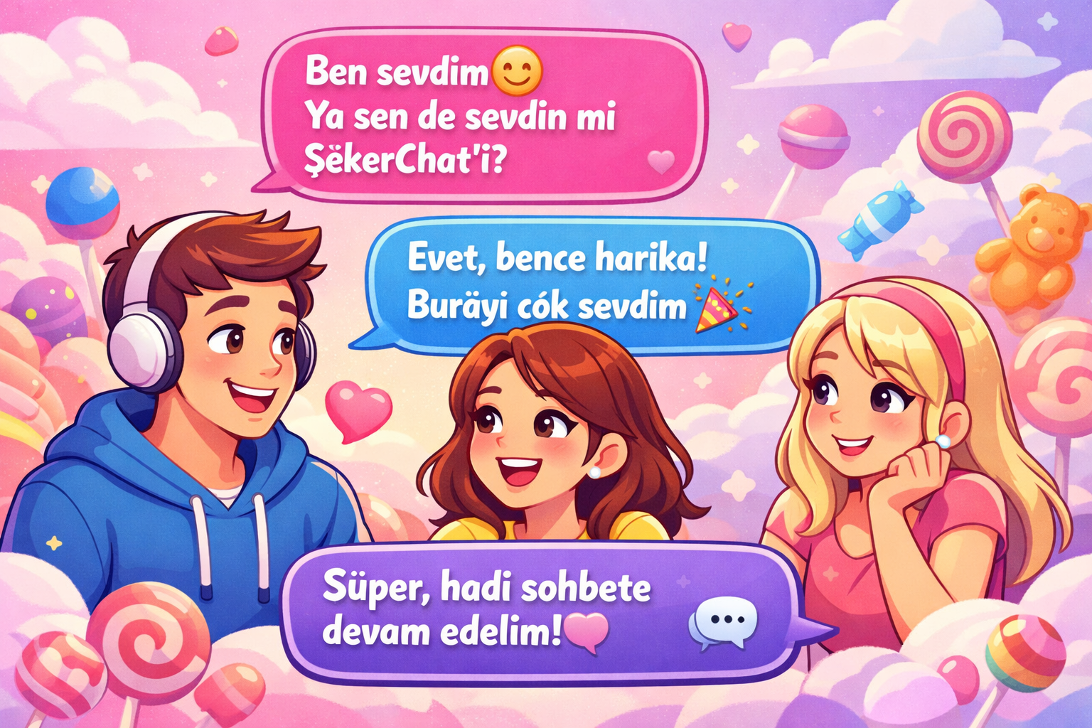 ŞekerChat Karakterleri - Üç arkadaş sohbet ediyor: Mavi tişörtlü erkek, sarı tişörtlü kız ve pembe tişörtlü kız